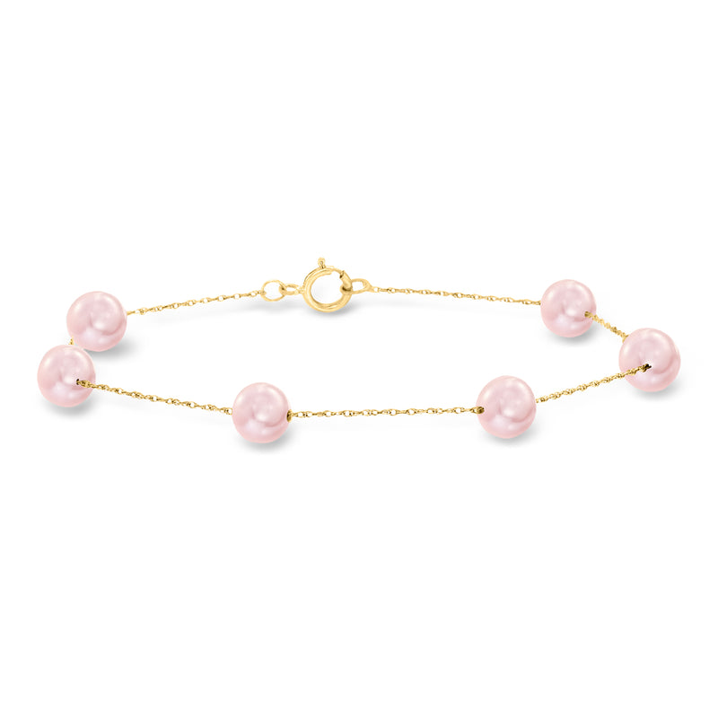 Pink cultured pearl station bracelet with 14kt yellow gold chain and round pearls