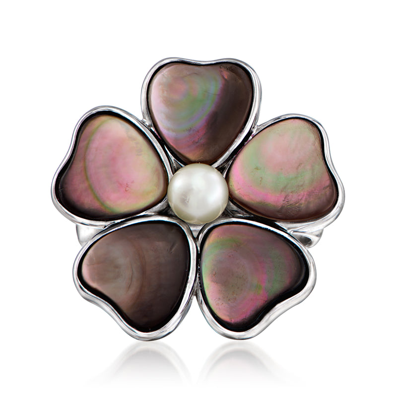 Mother-of-pearl flower ring with five iridescent petals and a central cultured pearl
