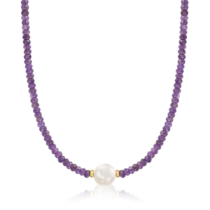 Cultured pearl bead necklace with amethyst purple bead strand and 14kt yellow gold clasp