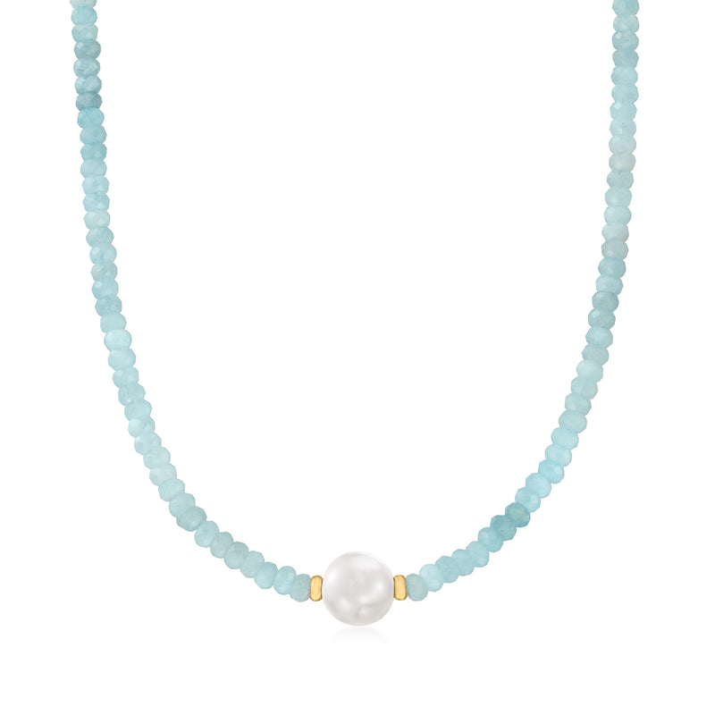 Aquamarine bead necklace with round cultured pearl pendant and 14kt yellow gold spacers