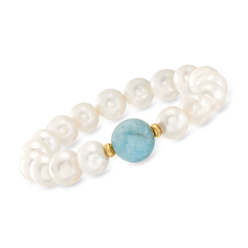 Cultured pearl and aquamarine bead stretch bracelet with yellow gold accents