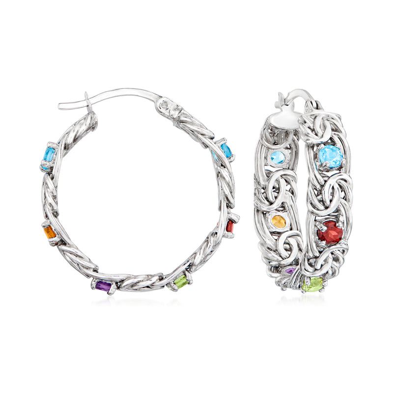 Sterling silver Byzantine hoop earrings with blue, red, yellow, purple gemstones