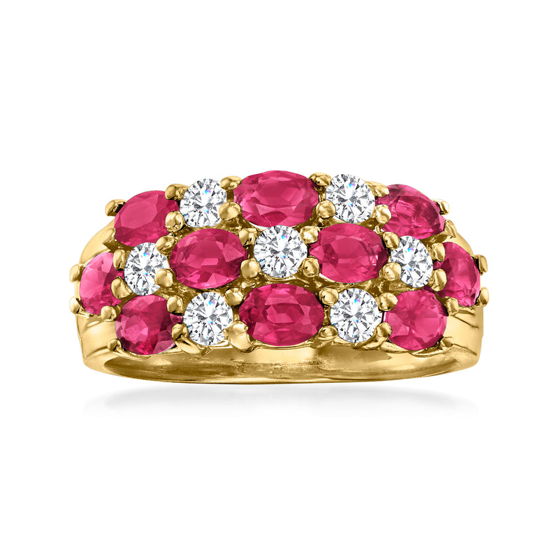 14kt yellow gold ring with pink ruby checkerboard and white diamond accents