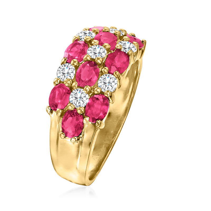 14kt yellow gold ring side view with clustered pink rubies and white diamonds