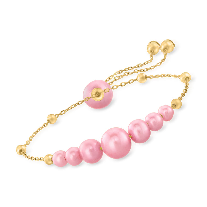 Pink cultured pearl bolo bracelet with 14kt yellow gold chain and round bead pearls