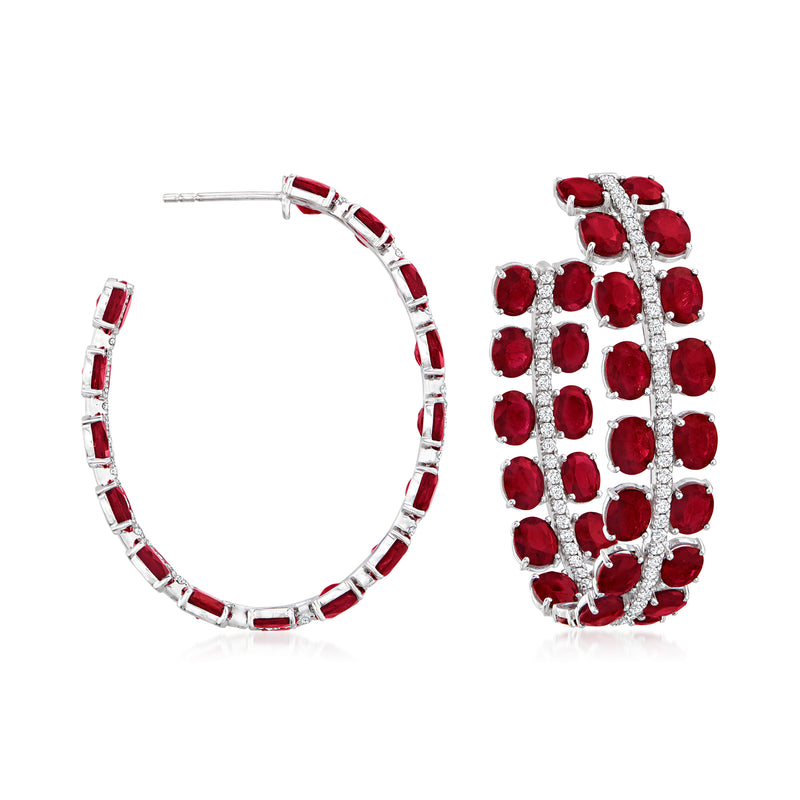 Ruby and diamond hoop earrings in white gold, front and side views