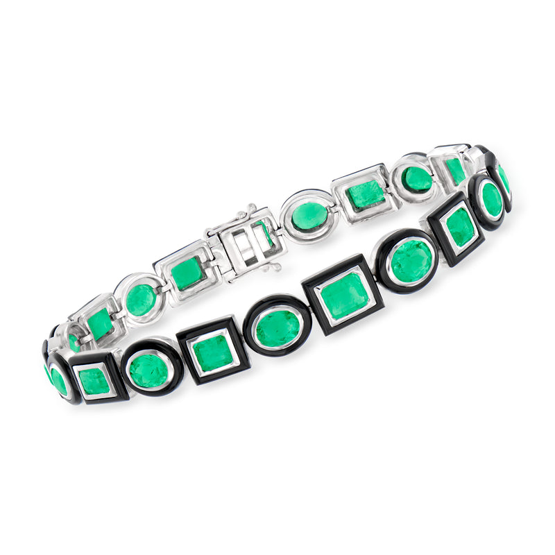 White gold bracelet with green emerald-like squares and black agate round links