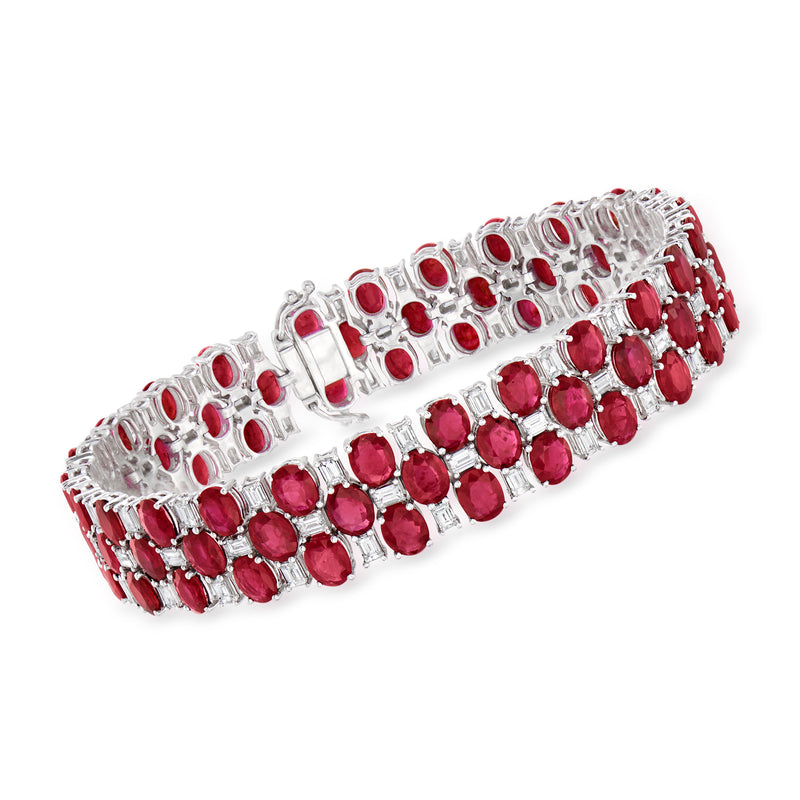 18kt white gold tennis bracelet with oval red ruby stones and clear diamond accents