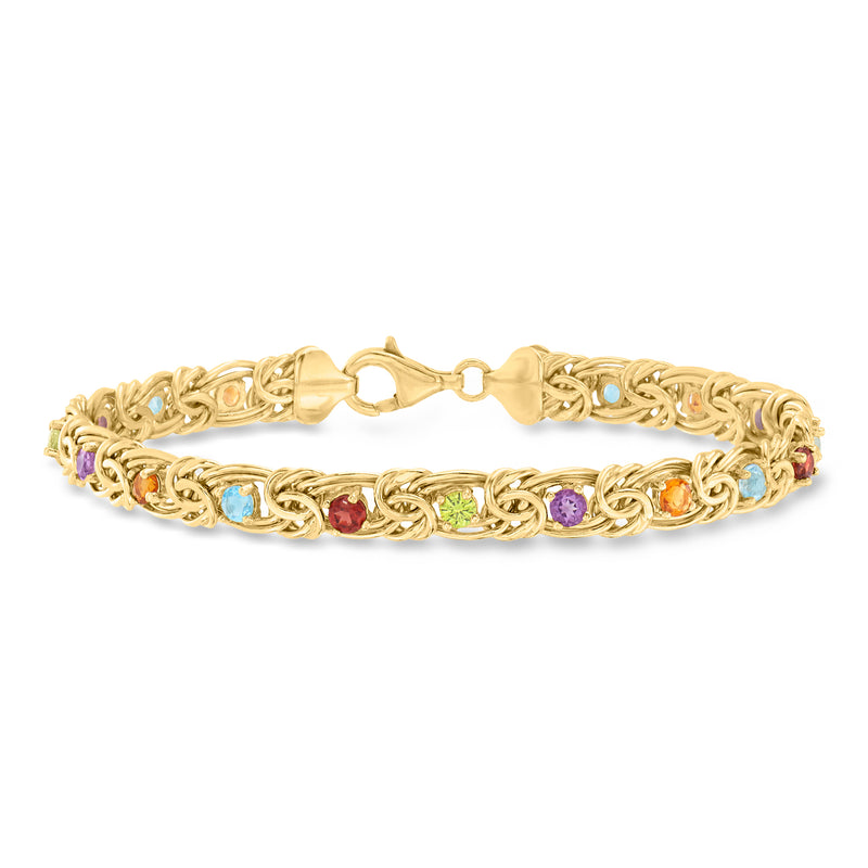 Gold Byzantine bracelet with colorful gemstone accents and lobster clasp