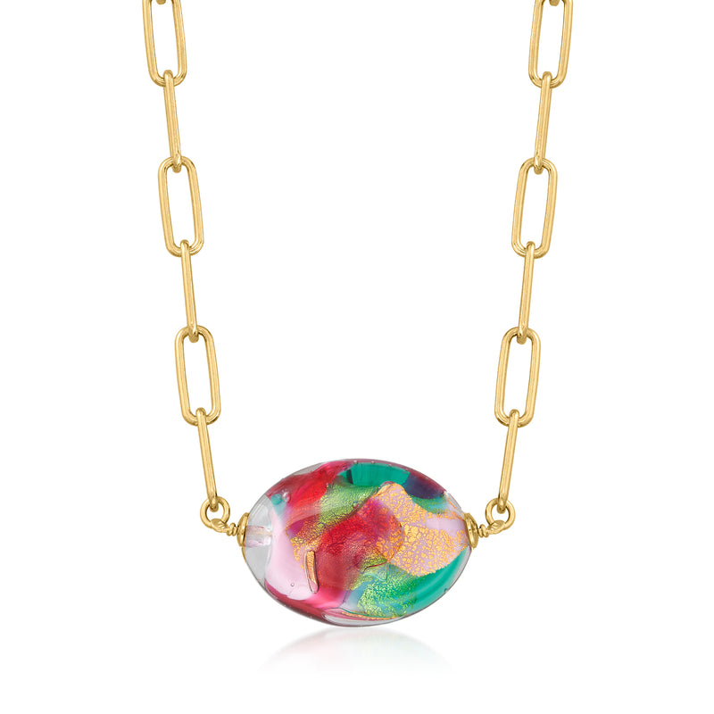Gold over sterling link necklace with multicolored Murano glass bead