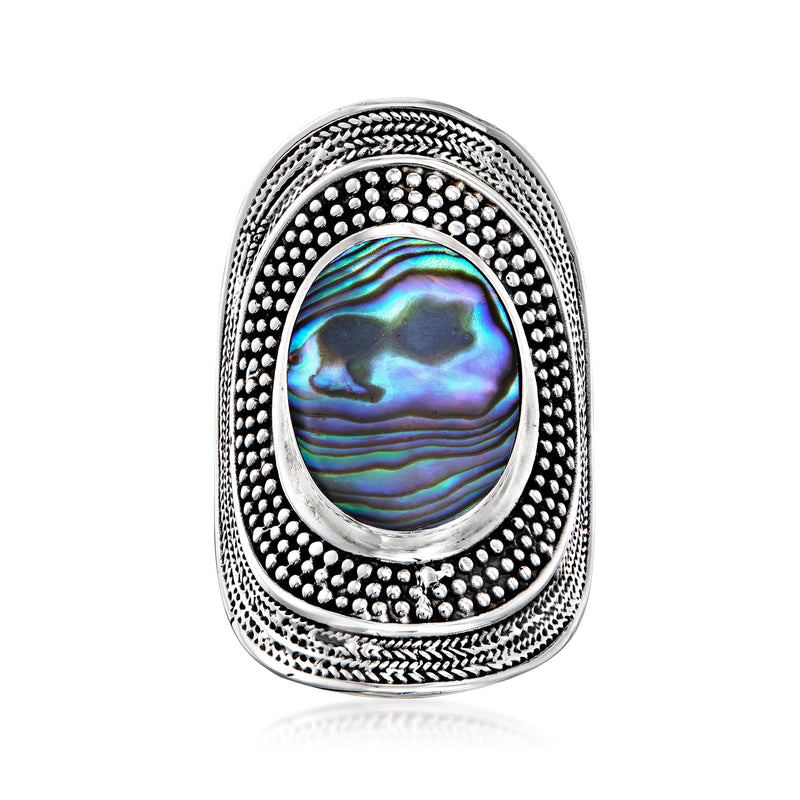 Sterling silver oval abalone shell ring with textured braided border and inlay
