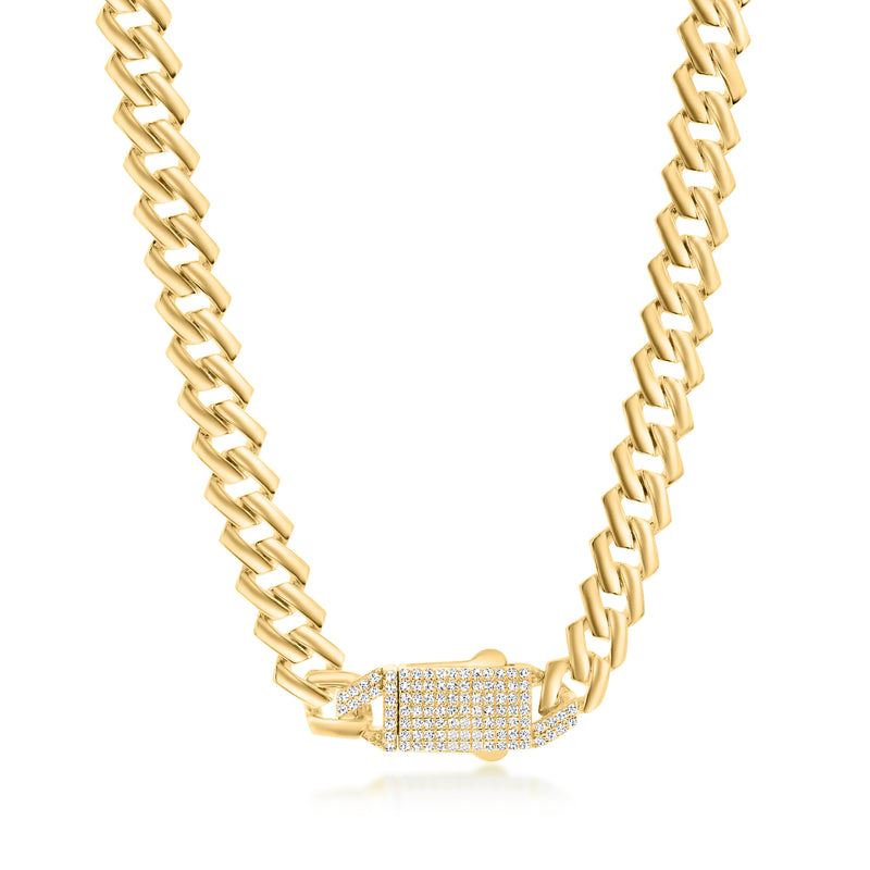 Men's 18kt gold over sterling curb-link necklace with rectangular pave CZ bar
