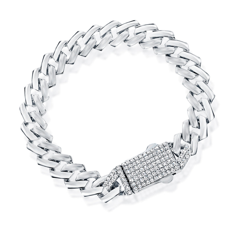 Sterling silver Monaco-link bracelet with rectangular pave CZ centerpiece and chain links
