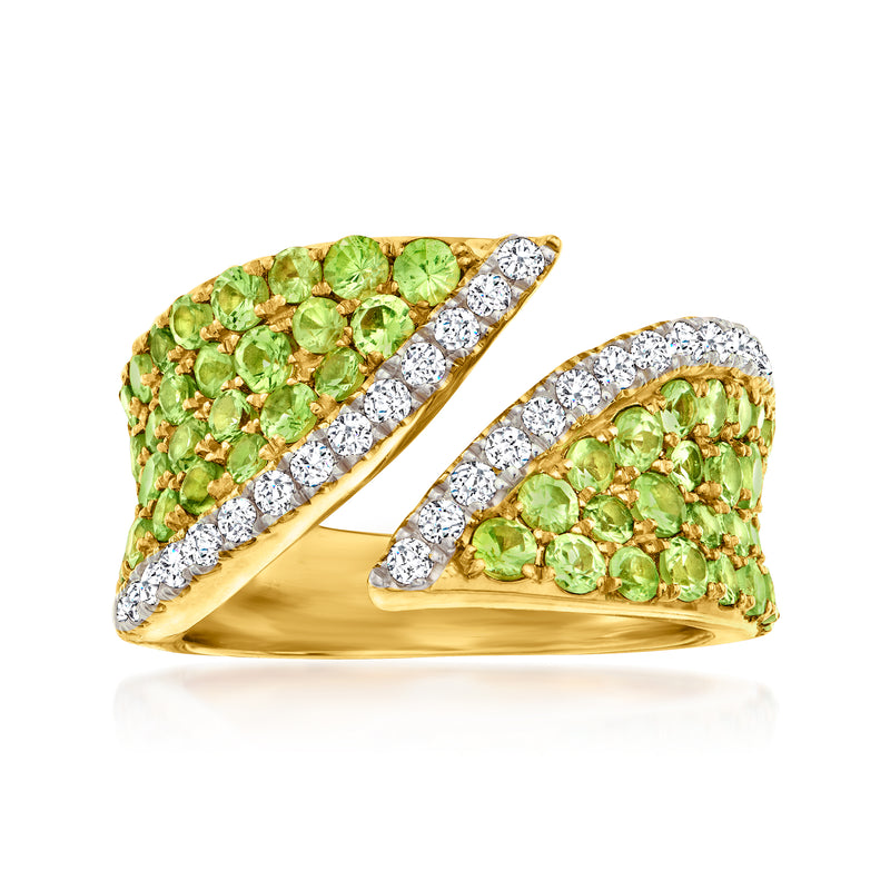 Tsavorite and white zircon ring in gold with twin pavé leaf motifs