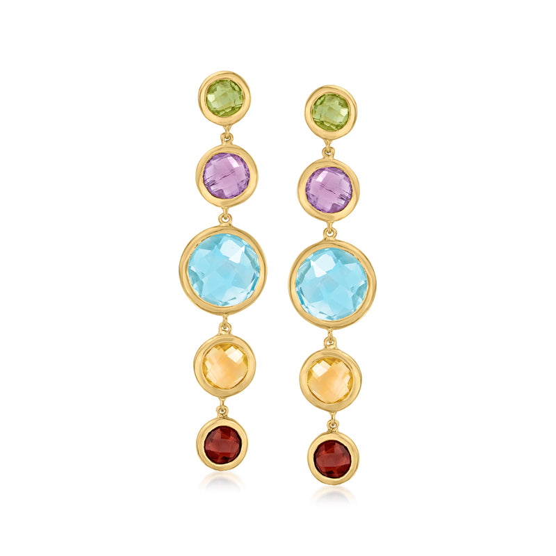 18kt gold over sterling multi-gemstone drop earrings, green purple blue yellow red stones