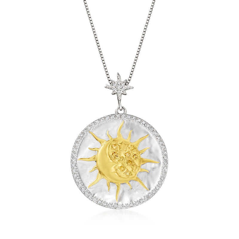 Sun and moon pendant necklace in sterling silver with gold sun detail on round frame