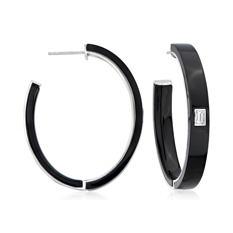 Black agate hoop earrings with inset diamond accents in white gold settings