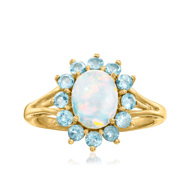 18kt gold over sterling ring with oval opal and blue topaz cluster, flower setting