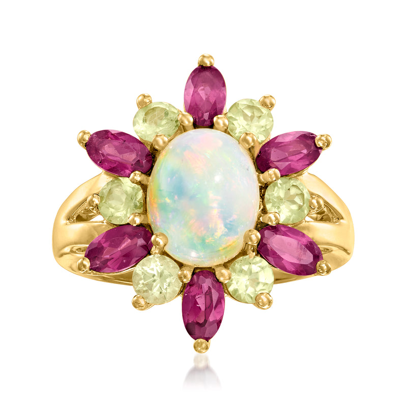 18kt gold over sterling opal ring with oval opal center and purple/green gems