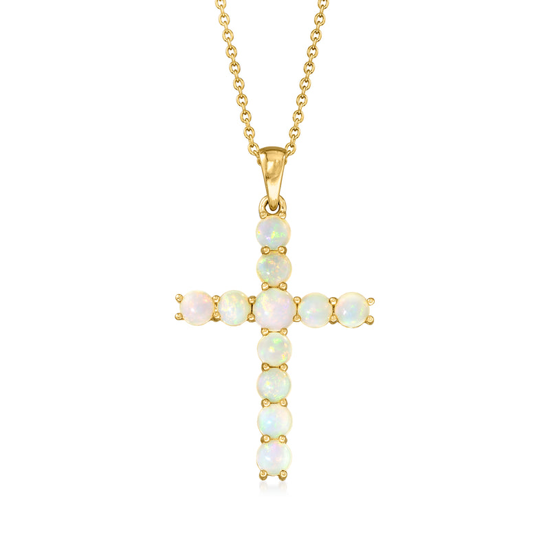 Gold cross pendant necklace with Ethiopian opal stones on a chain