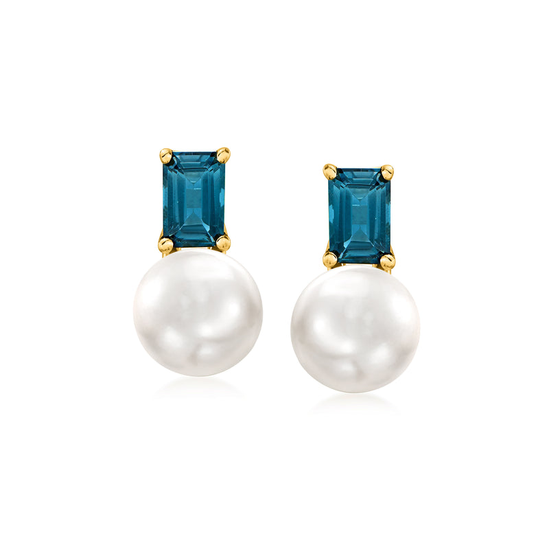 Gold-tone stud earrings with rectangular blue topaz and round cultured pearls