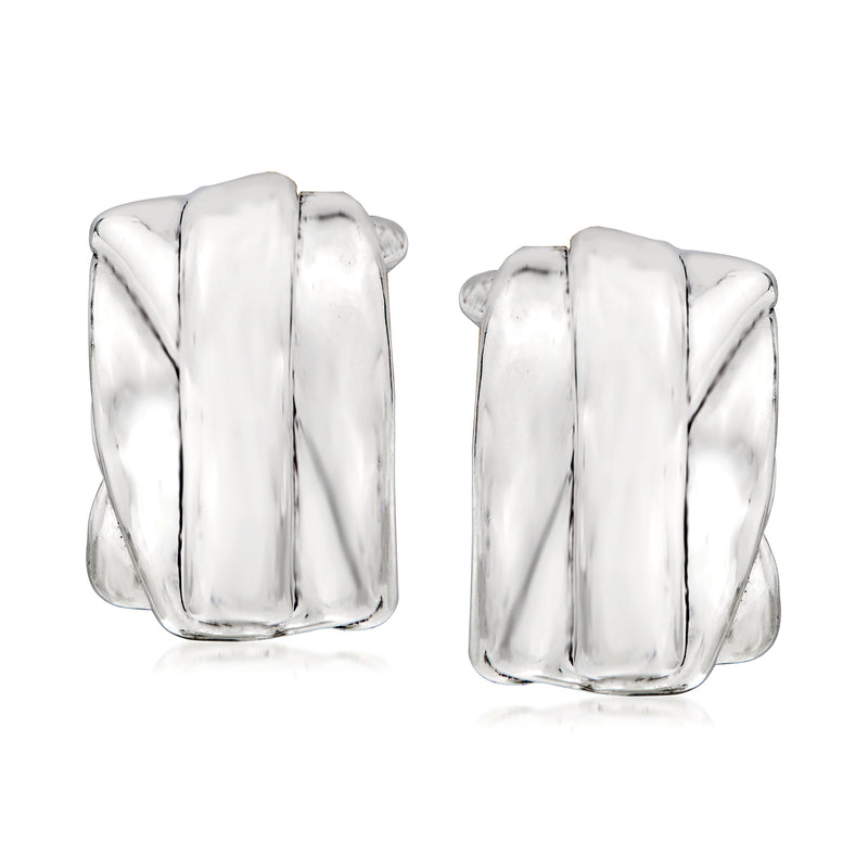 Silver striped clip-on earrings with rectangular resin panels and polished metal finish
