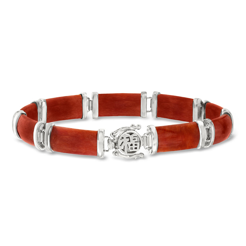 Red jade bracelet in sterling silver with round charm centerpiece and red inlays