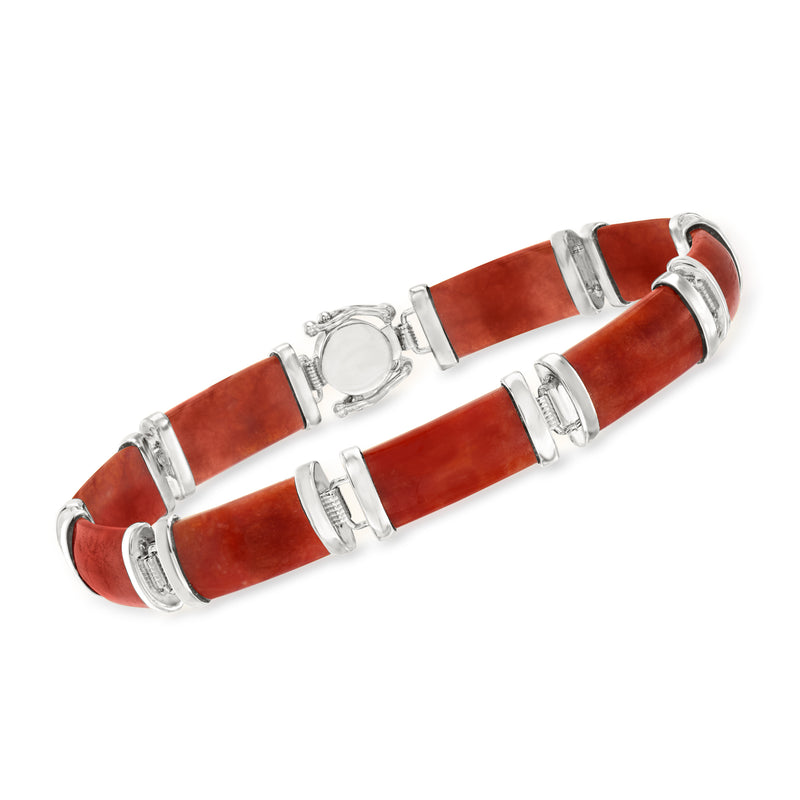 Red jade and sterling silver bracelet with hinged links and central circular charm