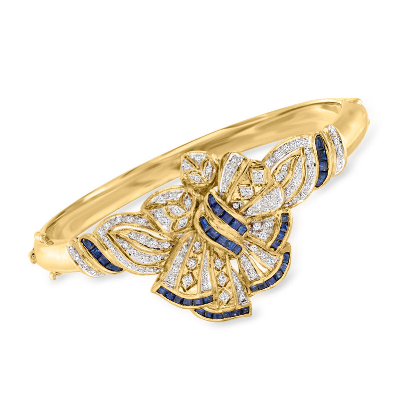 Vintage 18kt yellow gold bow bangle bracelet with sapphires and diamonds