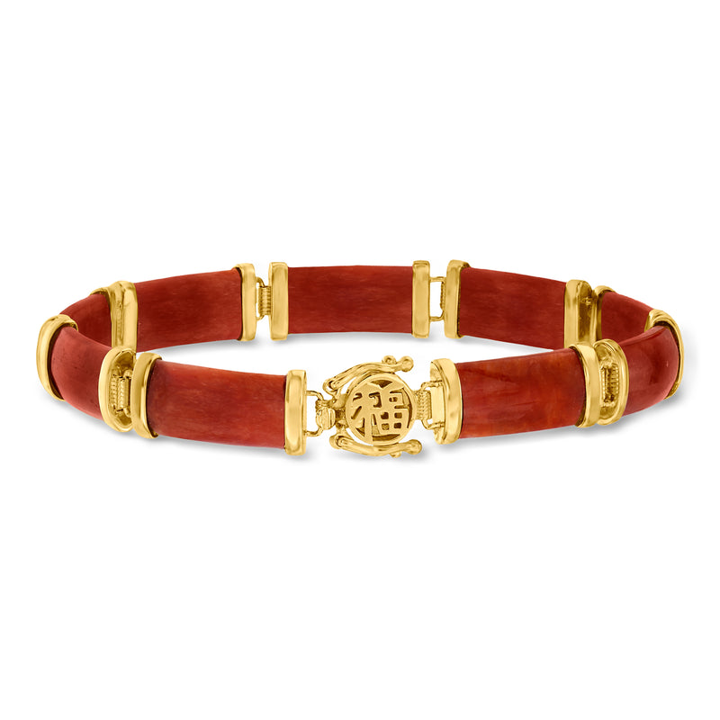 Red jade and gold fortune bracelet with rectangular links and round charm centerpiece
