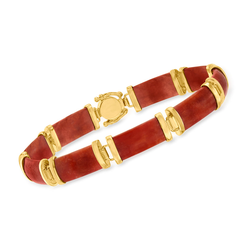 Red jade link bracelet with gold clasp and circular charm detail