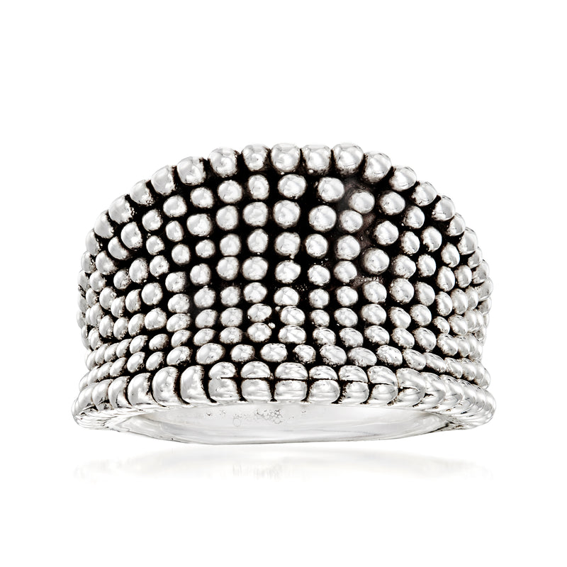 Silver-tone beaded ring with rows of round stones and scalloped band edge