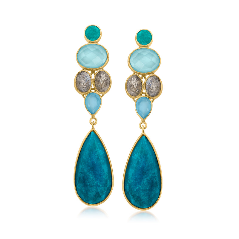 Gold-tone drop earrings with blue teardrop stones and round accents; lever backs
