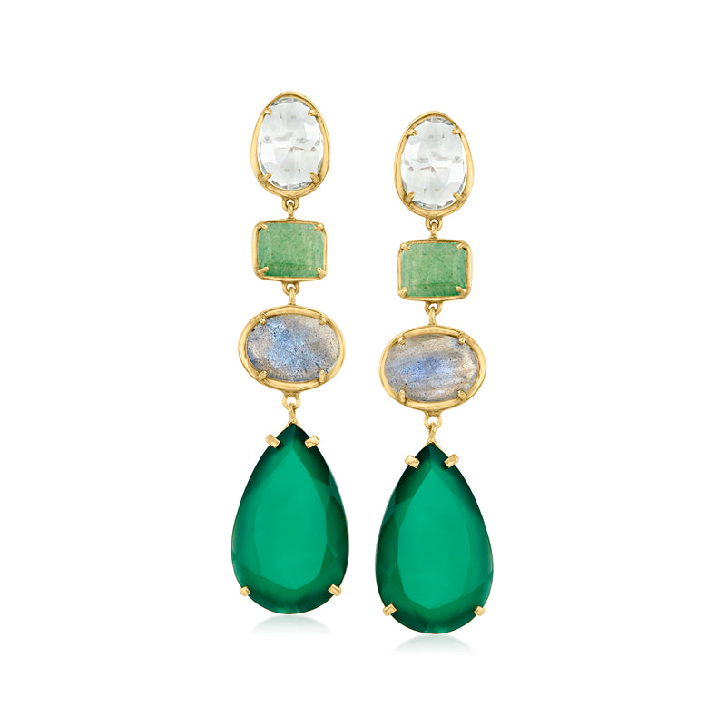 Gold over sterling drop earrings with green teardrop, oval blue, square green and clear stones