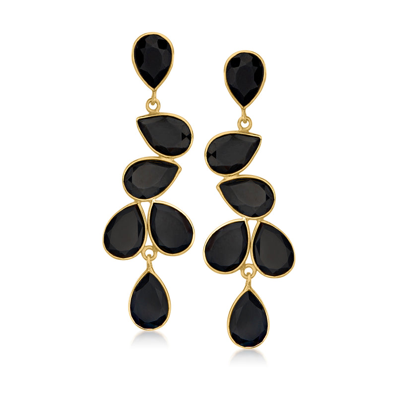 Black onyx drop earrings with five faceted teardrop stones in gold-tone settings