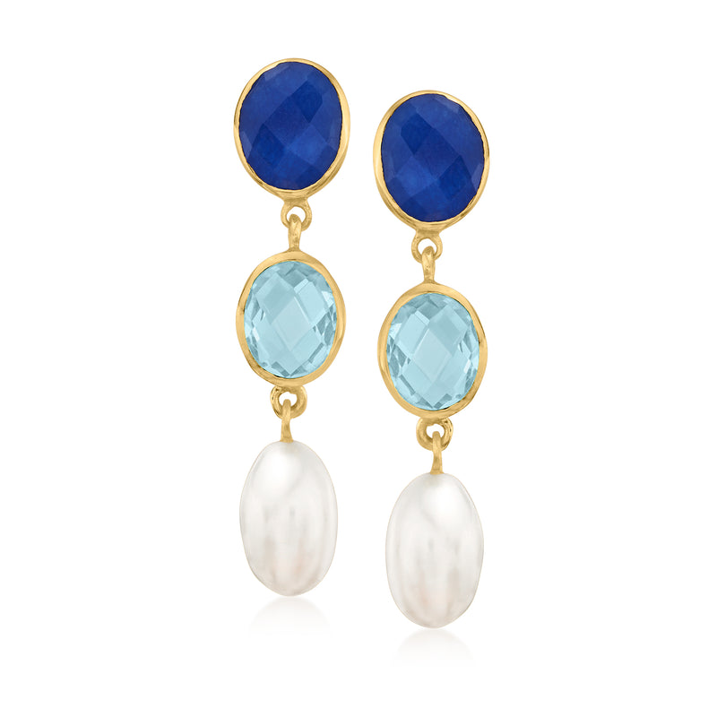 Gold-tone multi-gemstone drop earrings with blue and light-blue stones and white pearls