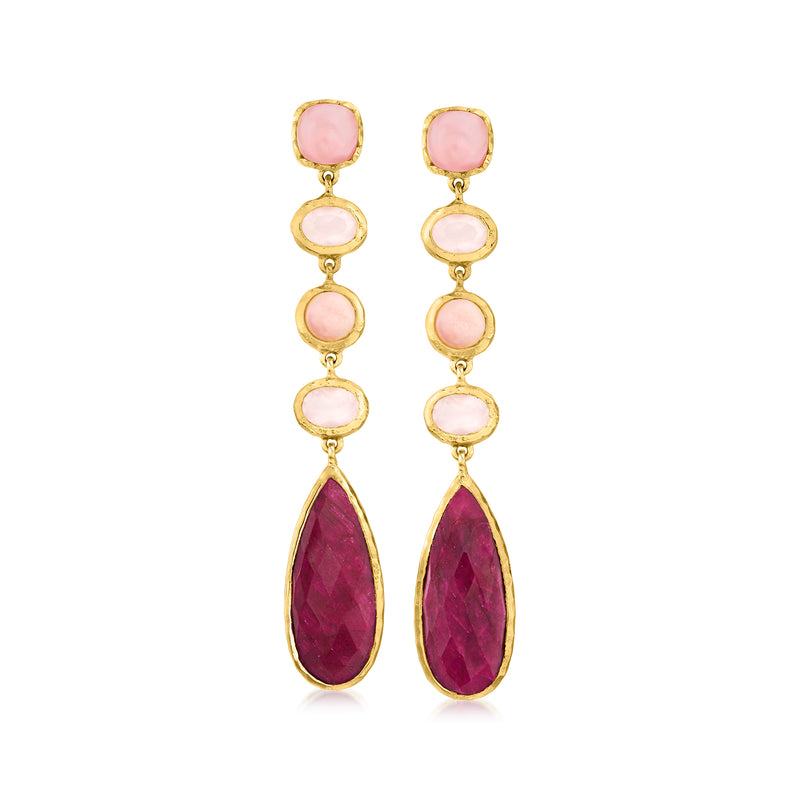 18k gold over sterling drop earrings with pink oval stones and magenta teardrop gems