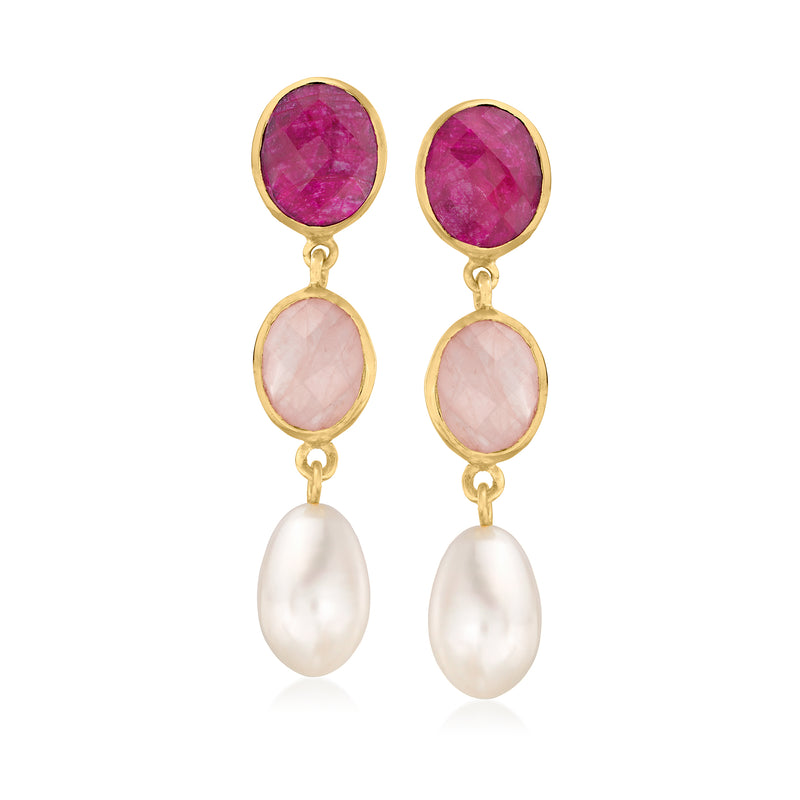Gold drop earrings with oval pink gemstones, rose quartz-like stone and white cultured pearls