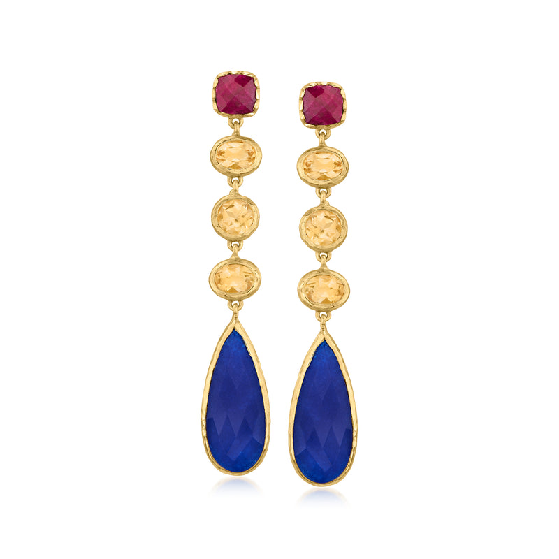 Gold drop earrings with purple, yellow, and blue gemstones in teardrop dangles