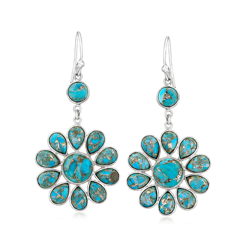 Sterling silver turquoise flower drop earrings with round turquoise center and petal stones