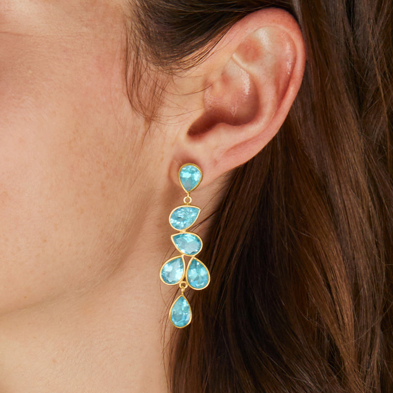 Gold teardrop gemstone drop earrings on ear, five sky blue stones