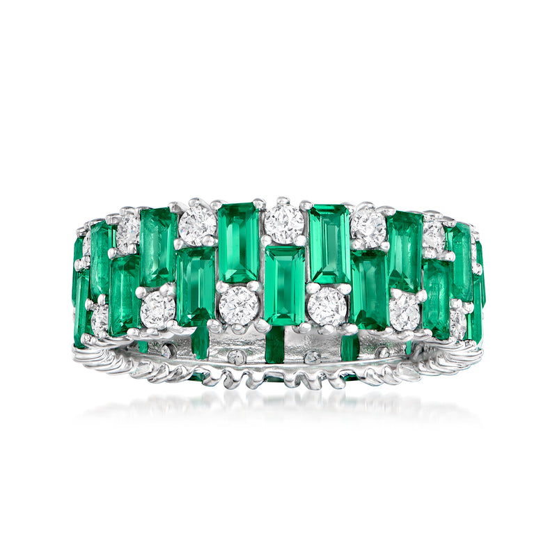 Sterling silver eternity band with green simulated emerald-cut stones and white CZ accents