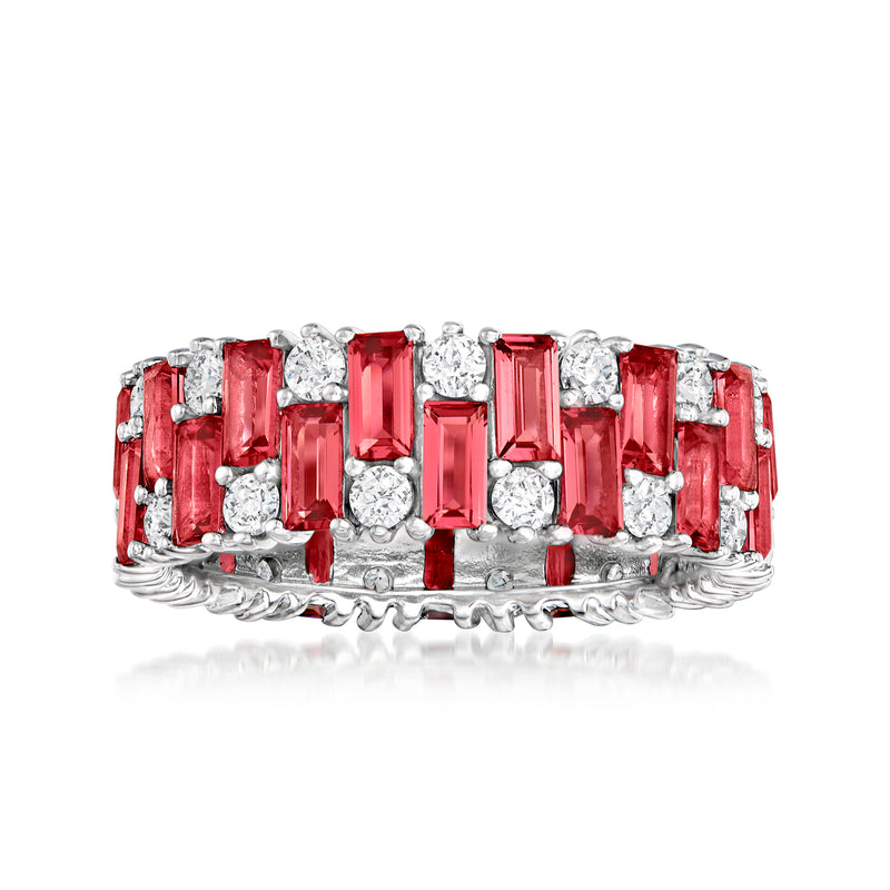 Sterling silver eternity band with alternating red simulated ruby and clear CZ stones