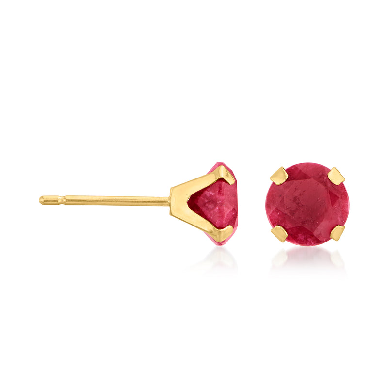 Cushion-cut ruby stud earring in 14kt yellow gold, angled view, six prongs