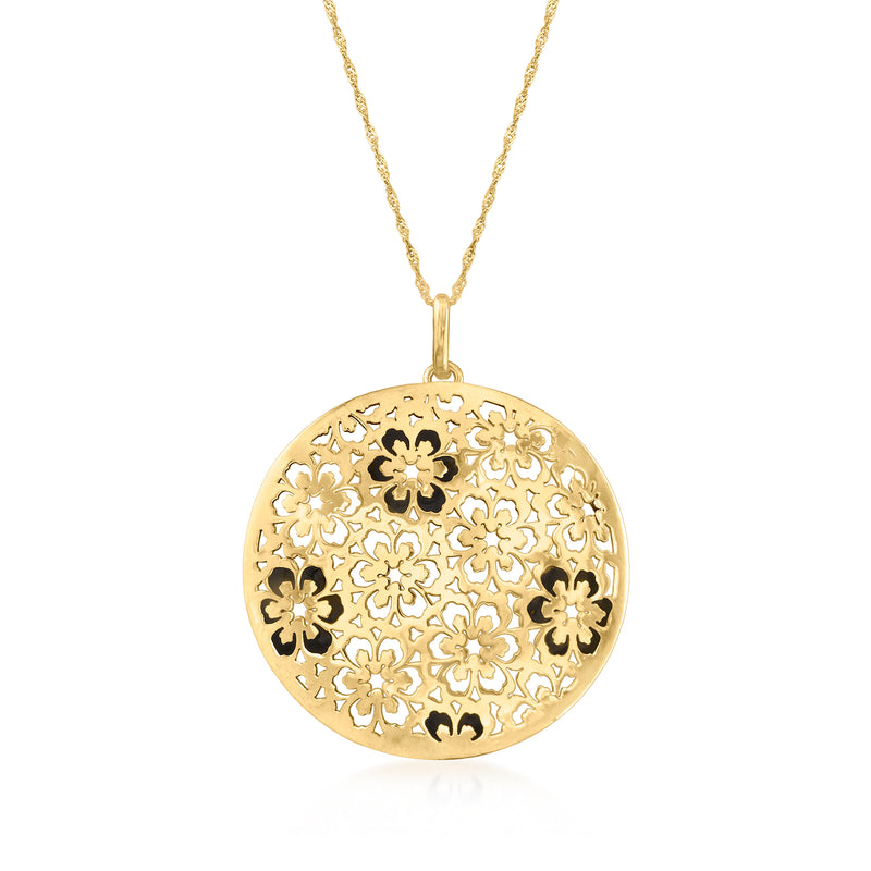 Yellow gold openwork floral pendant necklace with black enamel accents