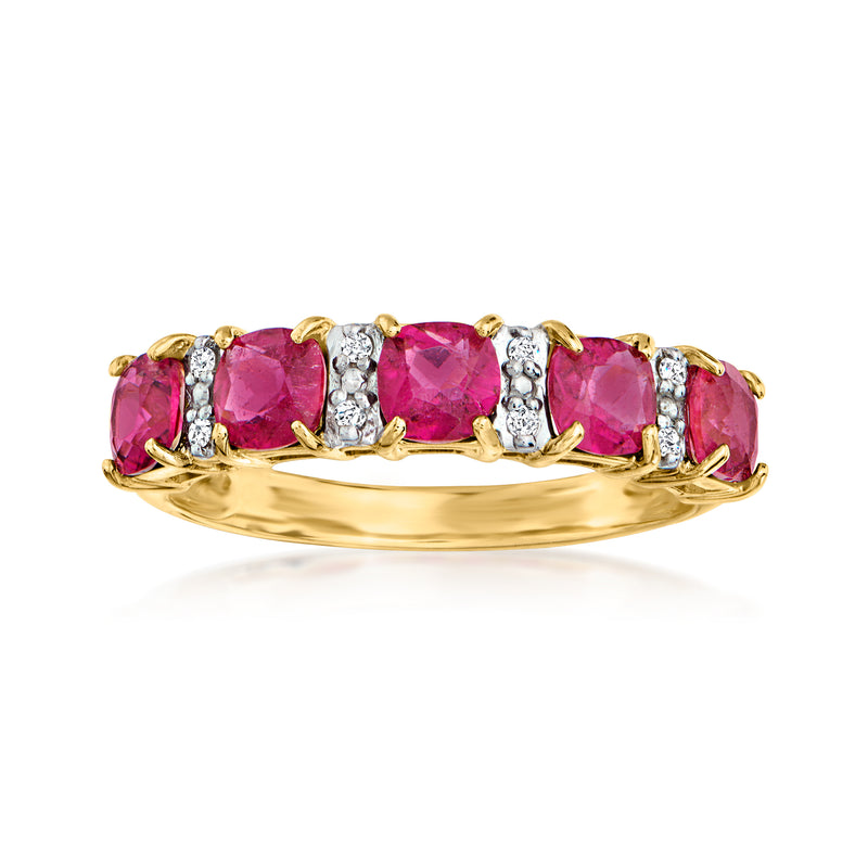14kt yellow gold ring with pink tourmaline center and diamond accents in prong settings