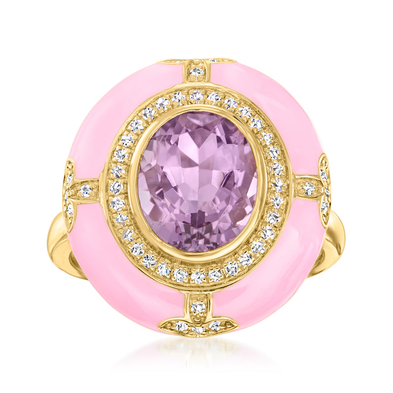 Pink enamel amethyst ring with oval stone, diamond halo, and 18kt gold over sterling