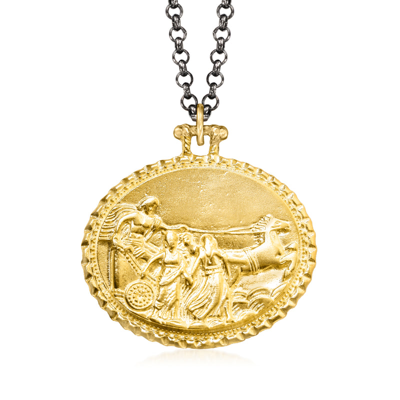 Gold over sterling medallion pendant necklace with ancient Greek scene, round yellow-gold disc