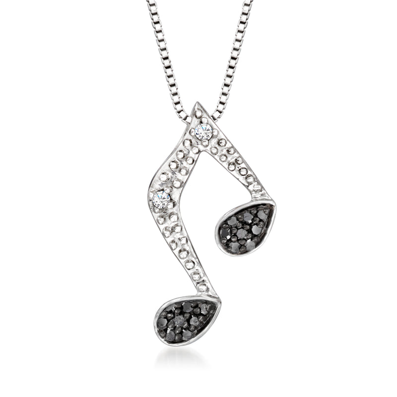 Sterling silver music note pendant necklace with dark inlay and clear diamond accents