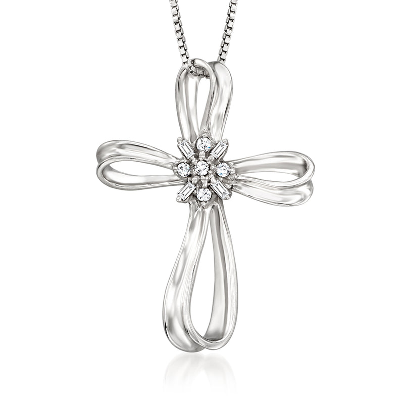 Sterling silver cross pendant necklace with diamond ribbon bow detail, on chain